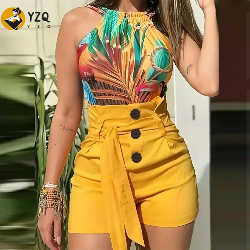 Summer Zara - กางเกงขาสั้นเอวสูงของผู้หญิงกางเกงขาสั้นด้านหน้ามีกระดุมผูกเอวชายหาดฤดูร้อน Y2K