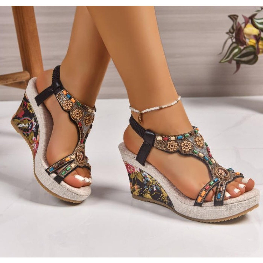 Summer Clothing Stores - รองเท้าส้นเตารีดแฟชั่นฤดูร้อนสำหรับผู้หญิง หนังแท้ ไซส์ใหญ่ ส้นกลาง พื้นหนา สีดำ
