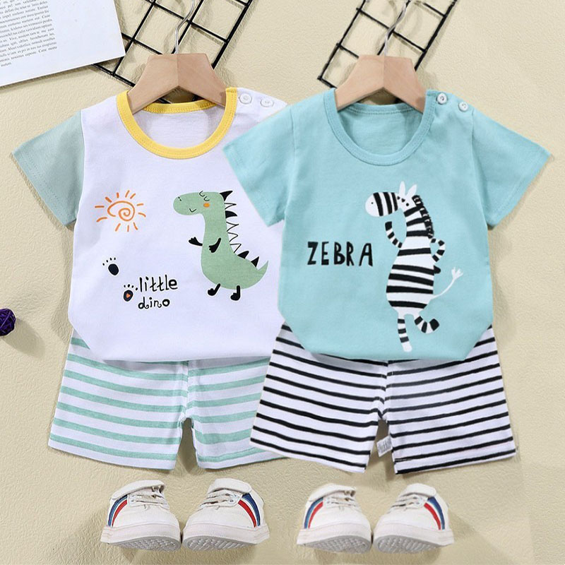 Summer Clothing Baby Girl - ผ้าฝ้ายTees + กางเกงขาสั้น 2 ชิ้นชุดเด็กการ์ตูนZebraไดโนเสาร์พิมพ์ฤดูร้อนชุดเด็กชายหญิงเด็ก 1-6