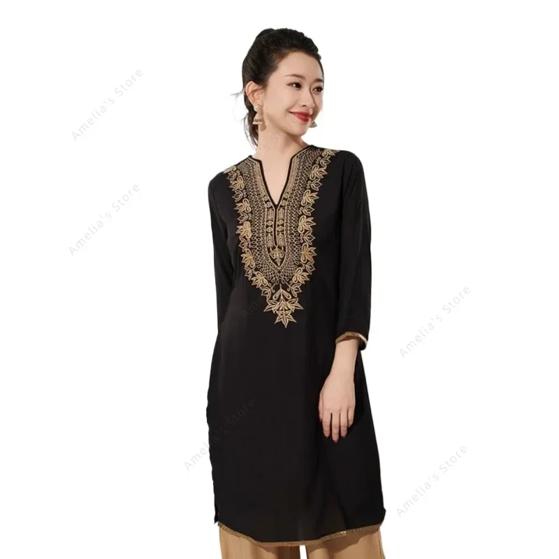 Summer Clothing Pakistan - เสื้อเบลาส์ผ้าฝ้ายปักลายแบบอินเดียดั้งเดิมสำหรับผู้หญิง เสื้อท่อนบนสไตล์วินเทจชาติพันธุ์ ทรงเข้ารูป ใส่สบาย เหมาะสำหรับฤดูใบไม้ผลิและฤดูร้อน ชุดลำลองสไตล์อินเดีย