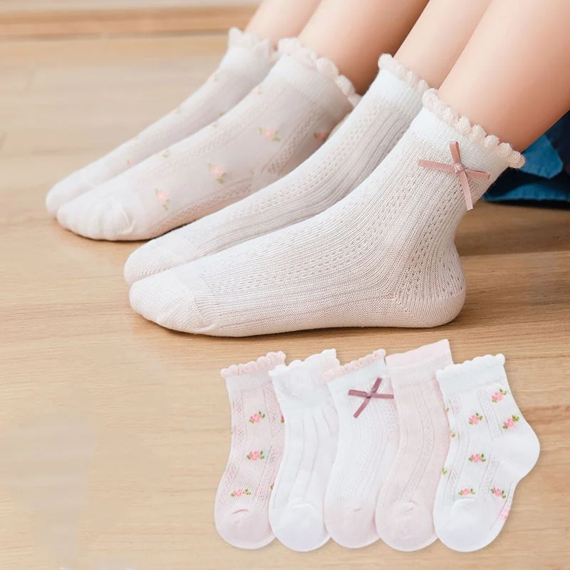 Summer Clothing Baby Girl - ถุงเท้าเด็ก 5 คู่/ล็อตฤดูใบไม้ผลิฤดูร้อนผ้าฝ้ายถุงเท้าเด็กผู้หญิงน่ารักลายดอกไม้สำหรับเด็กทารกสาวน้อยเสื้อผ้าอุปกรณ์เสริม