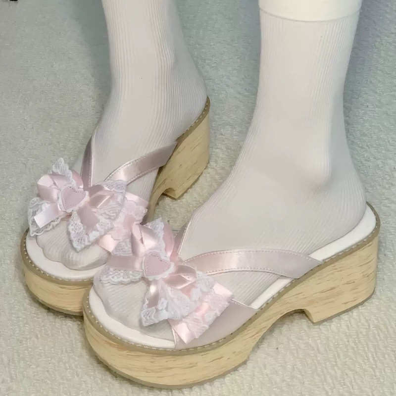 Summer Clothing Stores - รองเท้าแตะพื้นหนาลายไม้ Sweet Bow สไตล์ญี่ปุ่น สำหรับผู้หญิง ใส่สบาย