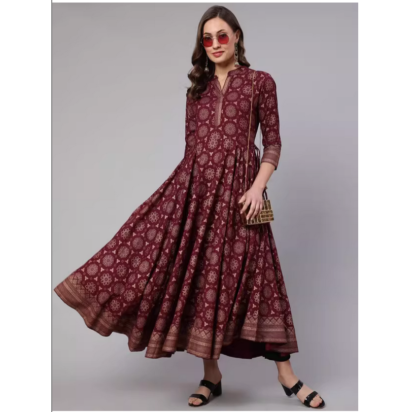 Summer Clothing Pakistan - คอลเลกชันฤดูใบไม้ผลิ/ฤดูร้อน ชุดเดรสยาวสีแดงเบอร์กโดซ์ คอตั้ง ลายพิมพ์ผ้าไหมสไตล์ชาติพันธุ์อินเดีย