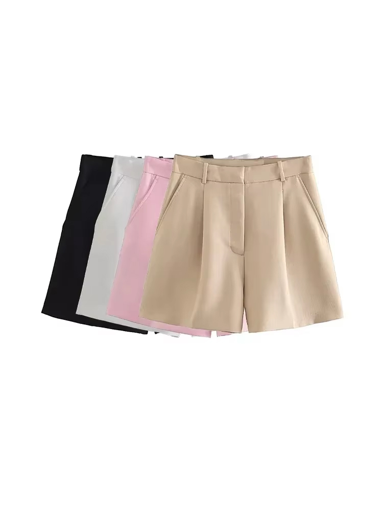 Summer Zara - กางเกงขาสั้นเบอร์มิวดาทรงวินเทจเอวสูงมีซิปผ่าหน้า มีกระเป๋าข้างสำหรับผู้หญิง