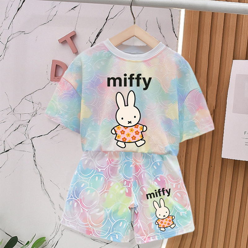 Summer Clothing Baby Girl - ชุดเสื้อผ้าฤดูร้อนลายกระต่ายมิฟฟี่สำหรับเด็กผู้หญิง ชุดน่ารักพิมพ์ลาย Tie-dye เสื้อยืดลายยิ้ม แขนสั้น กางเกงขาสั้น