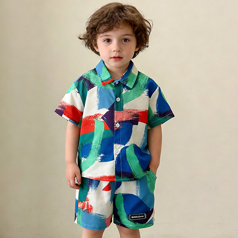 Summer Clothing Drawing - ชุดเสื้อผ้าเด็กฤดูร้อนใหม่ ชุดเด็กผู้ชาย เสื้อ กางเกงขาสั้น 2 ชิ้น/ชุด