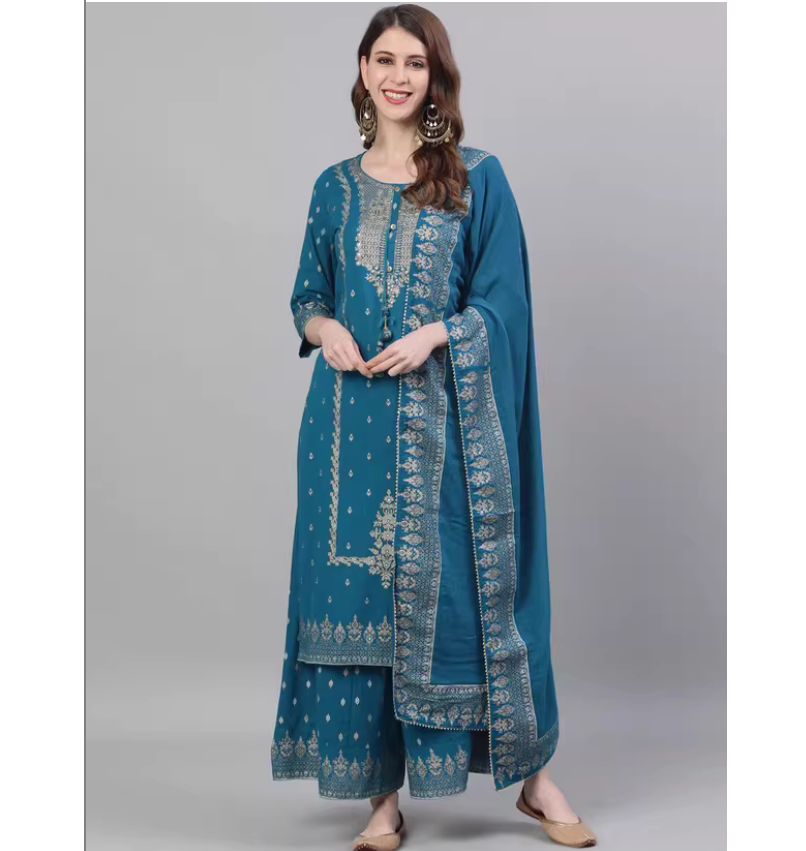 Summer Clothing Pakistan - ชุดสามชิ้นลายพิมพ์สไตล์อินเดีย ผ้าฝ้าย 100% สีน้ำเงินกรมท่า สำหรับฤดูใบไม้ผลิและฤดูร้อน