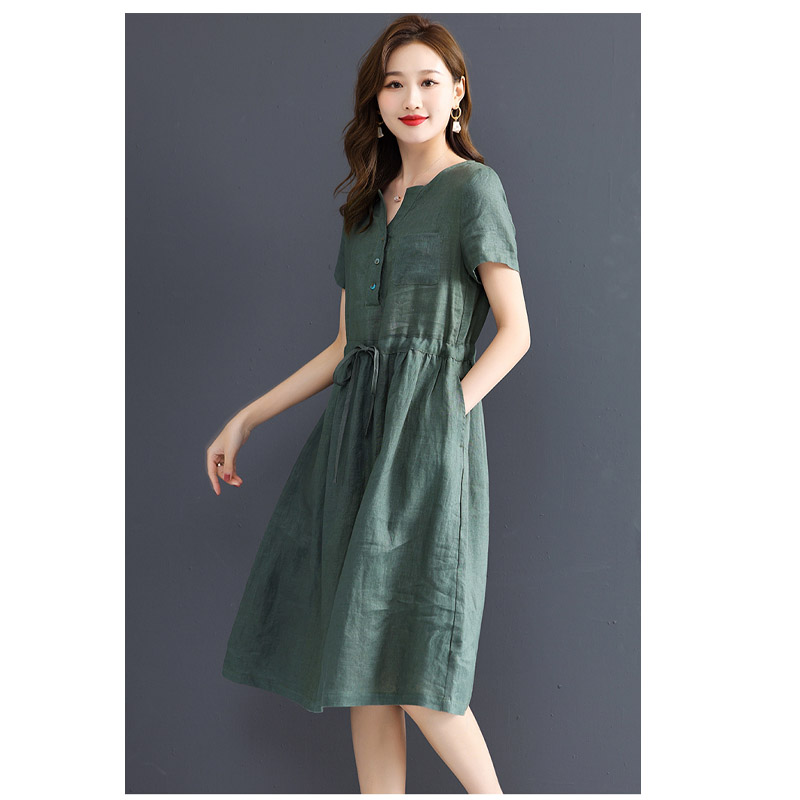 ชุดเดรสแขนสั้นผ้าลินินแท้สำหรั - Summer Clothing Drawing บทวิจารณ์และราคา